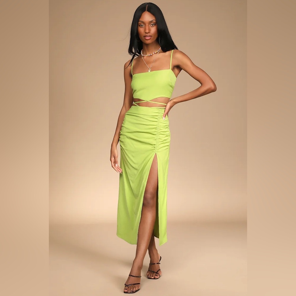 Green Ruched High-Slit Maxi Skirt and Crop Top Matching Set